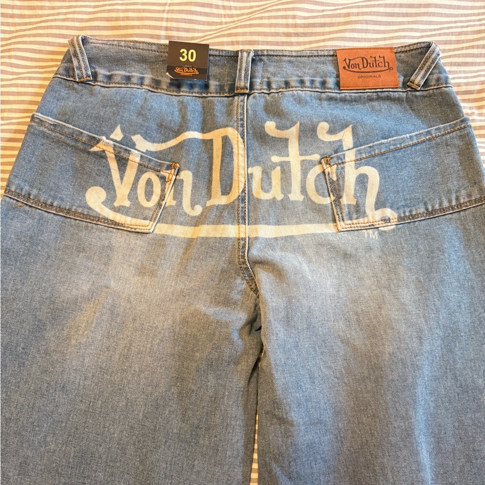 Authentic Von Dutch Light Blue Denim Jeans with Logo Patches